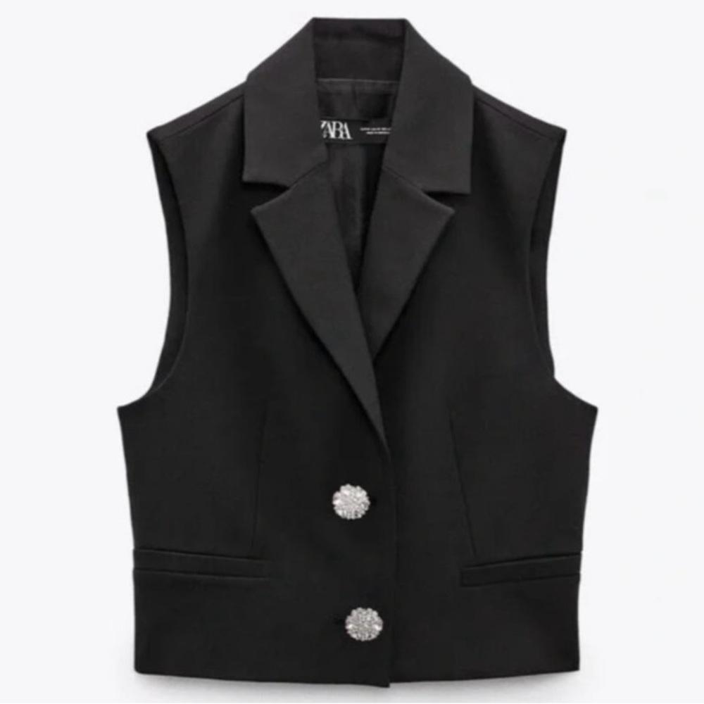 Zara Elegant Black Cropped Vest with Jeweled Buttons- medium- NEW WITH TAGS